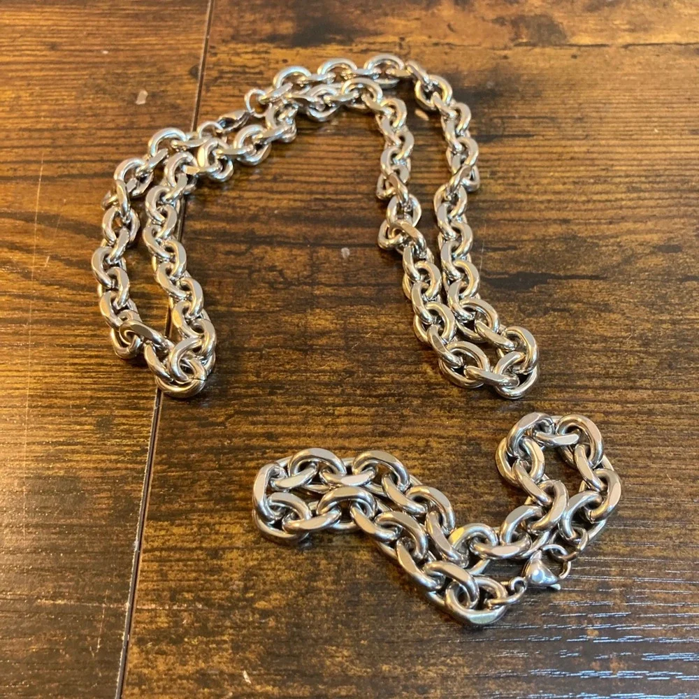Mens Rolo Cable Necklace 23.5in & Bracelet 9in Stainless Steel Set Hermah 10mm